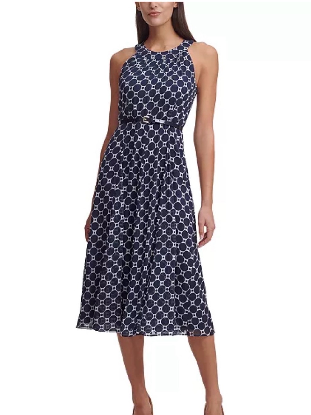Tommy Hilfiger Printed Belted Halter Navy & White Geometric Midi Dress